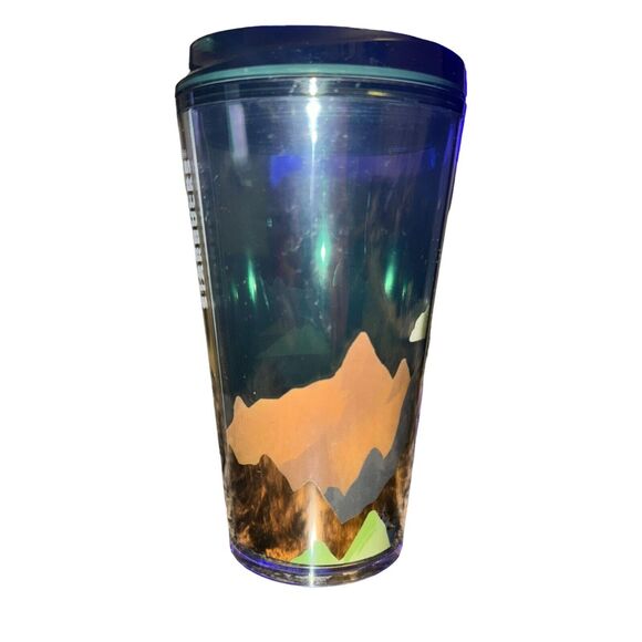 Starbucks Plastic Travel Tumbler Mug Cup Forest Mountains Sunset 2022 16 Oz - Picture 3 of 8